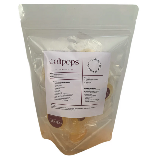 Package of colipops with a label on a white background
