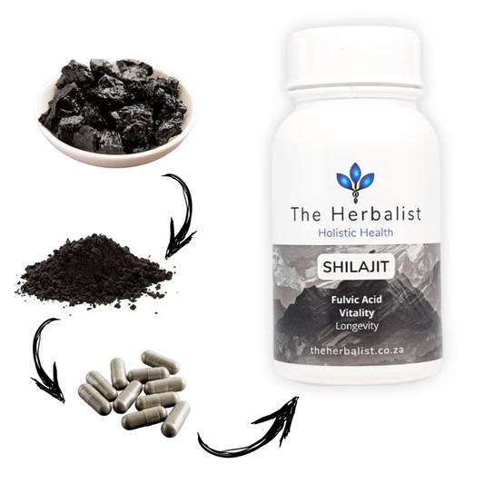 Bottle of 'The Herbalist' Shilajit with different forms of Shilajit on a white background