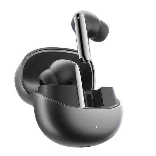 Black wireless earbuds with charging case on a white background