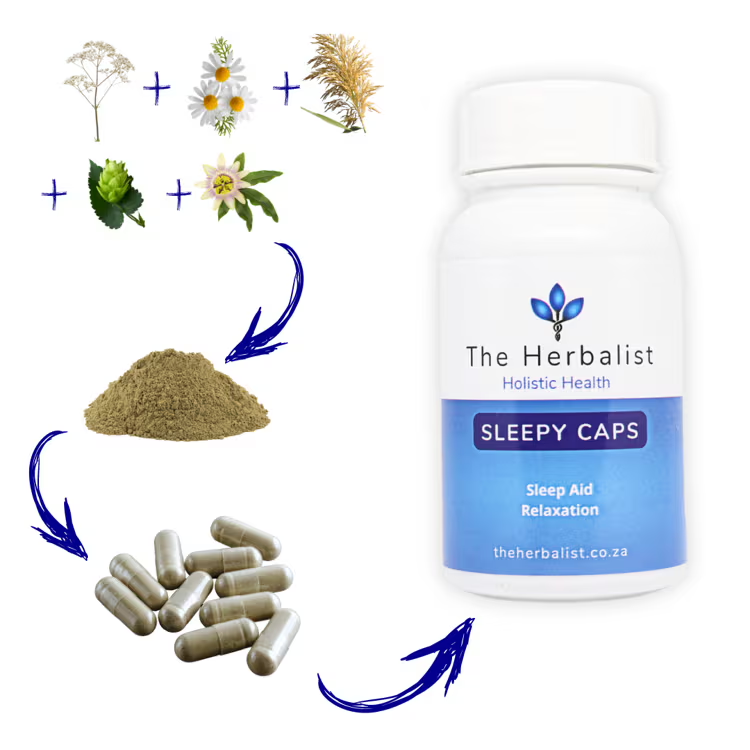 Bottle of 'The Herbalist' Sleepy Caps with herbal elements on a white background