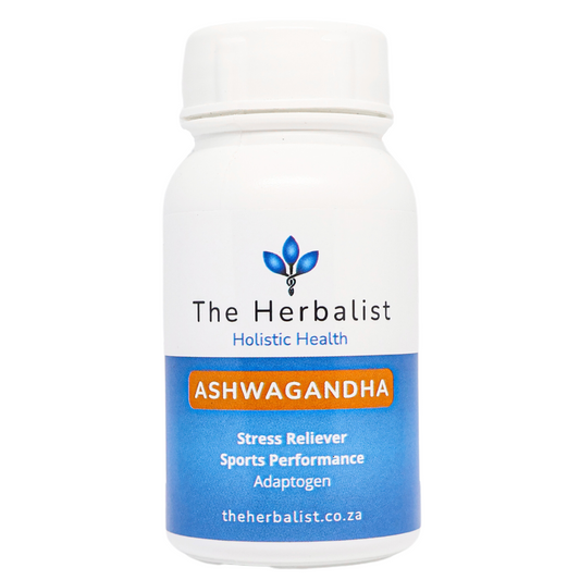 Bottle of Ashwagandha supplement from The Herbalist on a white background