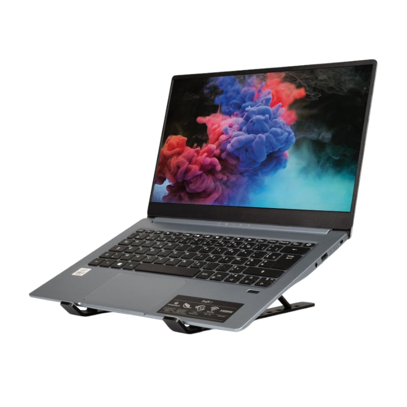 Laptop on a stand with colorful screen display on a white background
