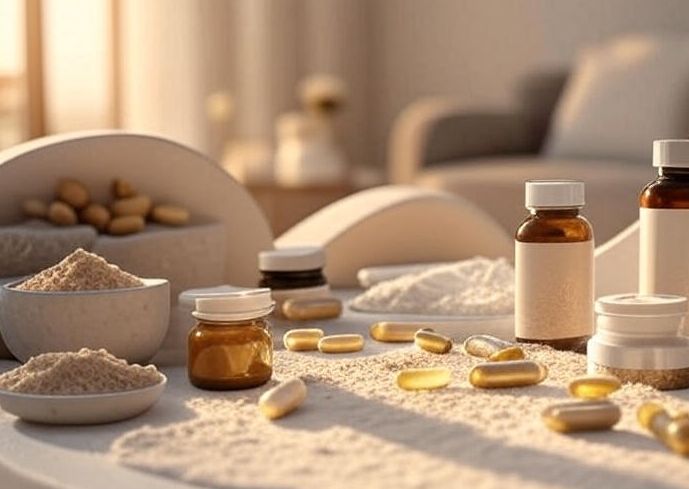 Supplements and health products on a table with a blurred background