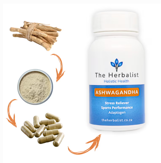 Bottle of Ashwagandha supplement from The Herbalist with roots, powder, and capsules on a white background.