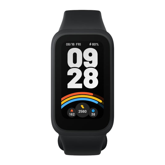 Black smartwatch with a colorful display on a white background