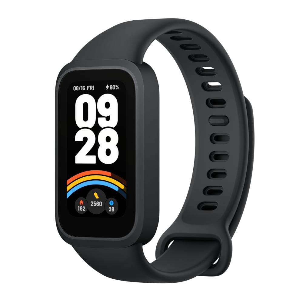 Black smartwatch with a digital display on a white background