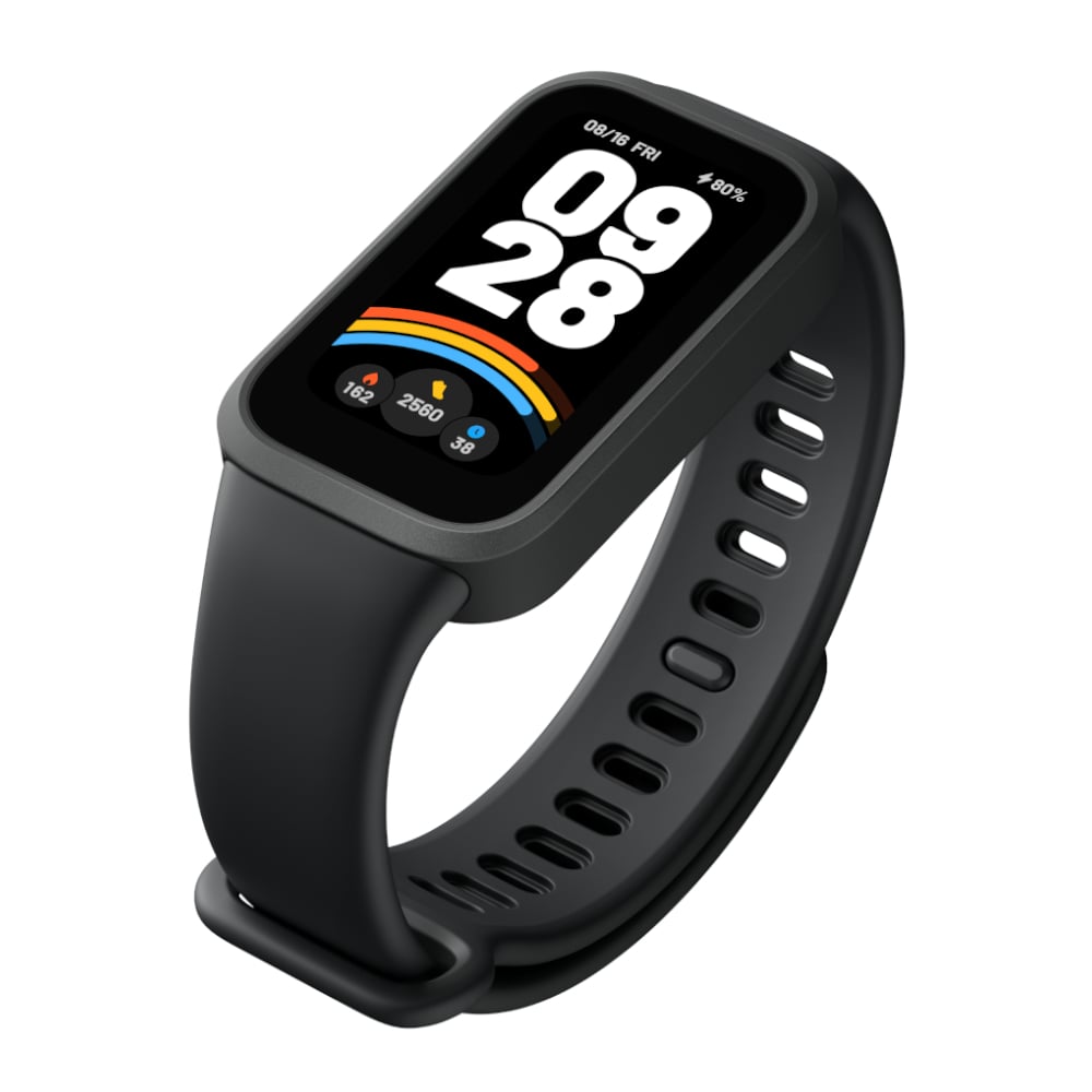 Black smartwatch with a digital display on a white background