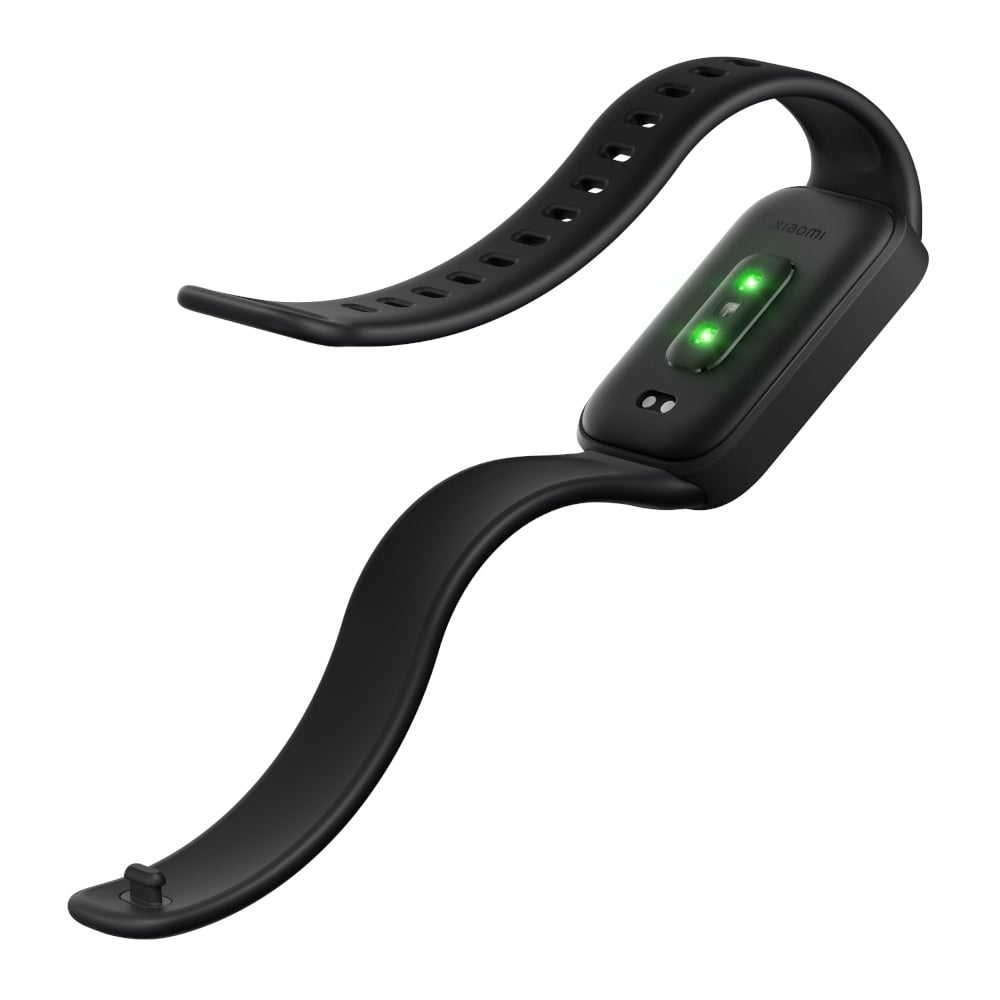 Black smartwatch band with green indicator lights on a white background