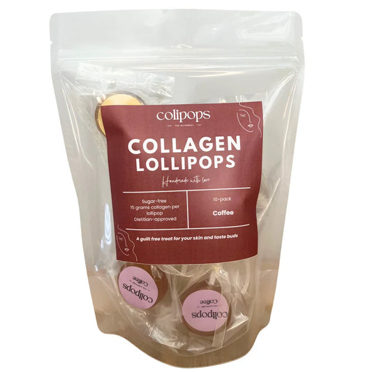 Packaging of colipops collagen lollipops with a visible label on a white background