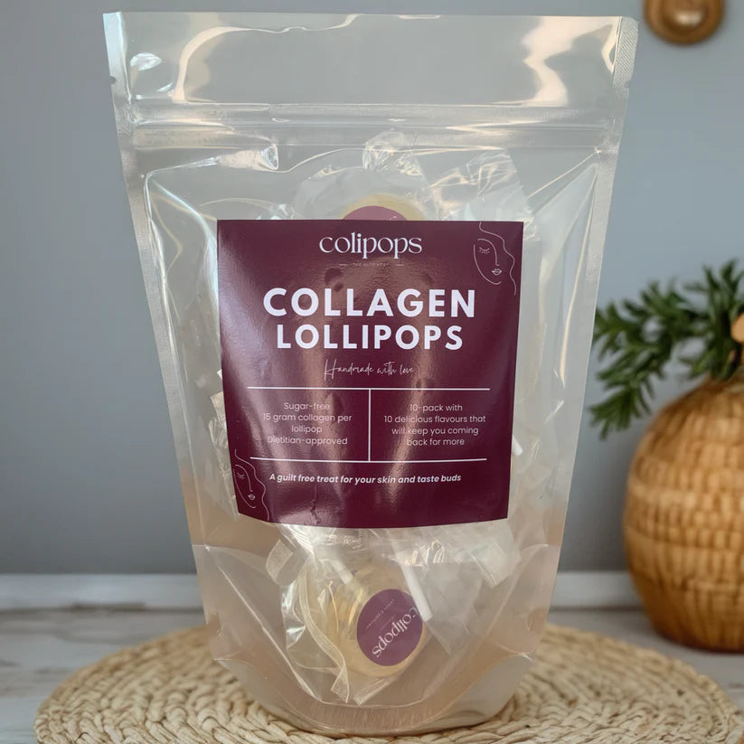 Package of collagen lollipops with a purple label on a neutral background