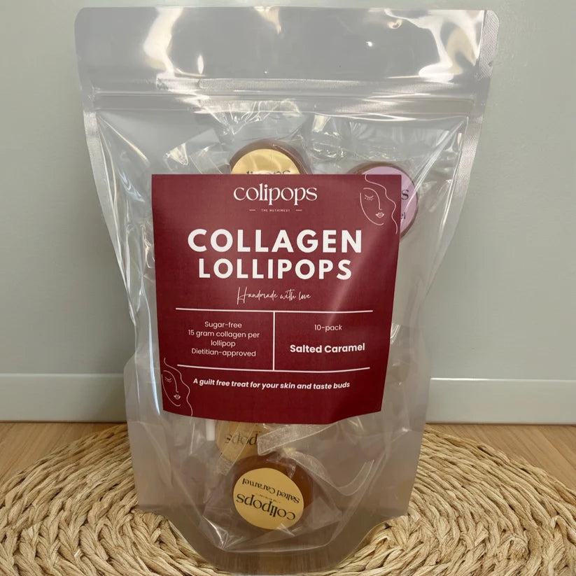 Package of collagen lollipops with a red label on a woven mat.