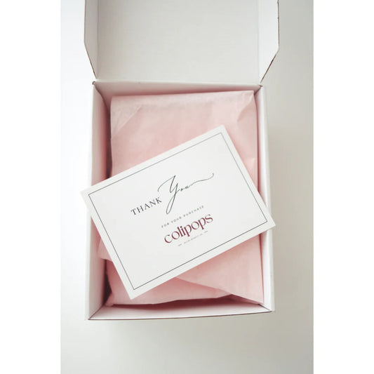Pink gift box with a 'Thank You' card inside, featuring the brand 'Colilpops'.