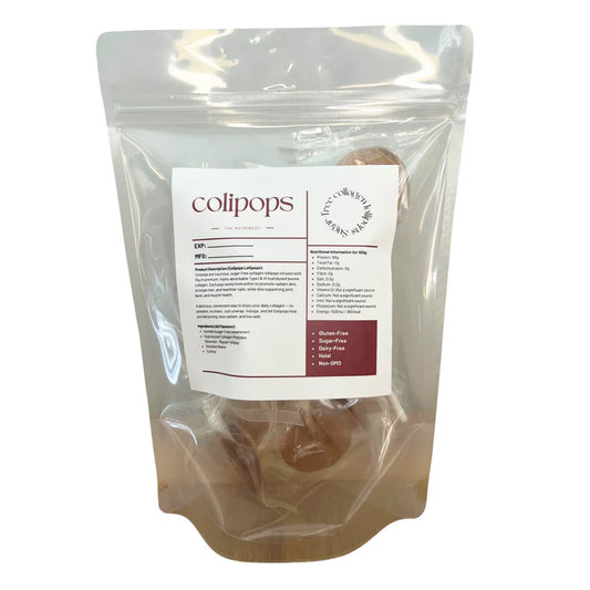 Clear package of colipops with a label on a white background
