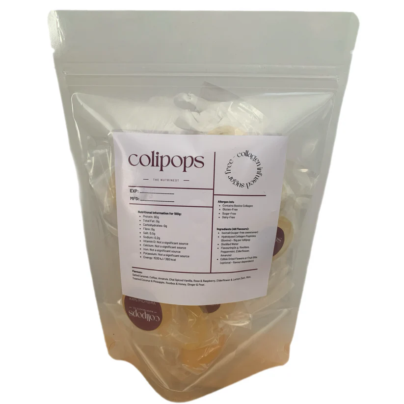 Package of colipops with a label on a white background
