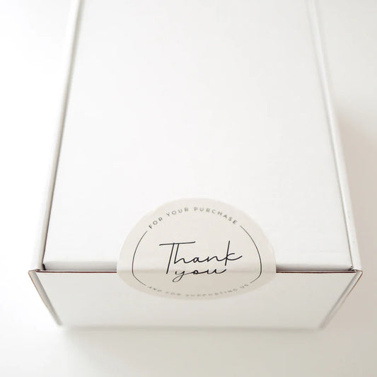 White gift box with a 'Thank you' label on a light gray background
