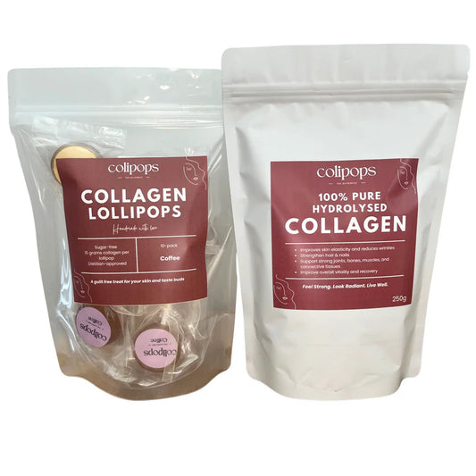 Two packages of colipops collagen lollipops and powder on a white background