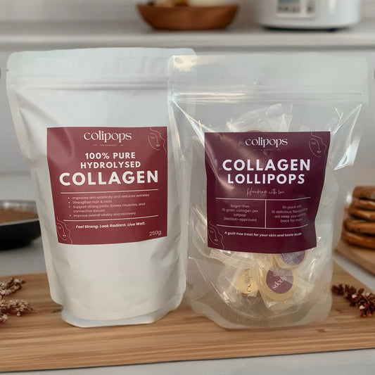 Two packages of collipops collagen products on a wooden surface.
