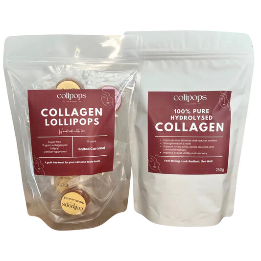 Two packages of colipops collagen lollipops and powder on a white background