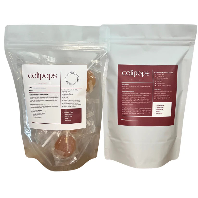 Two packages of colipops with labels on a white background