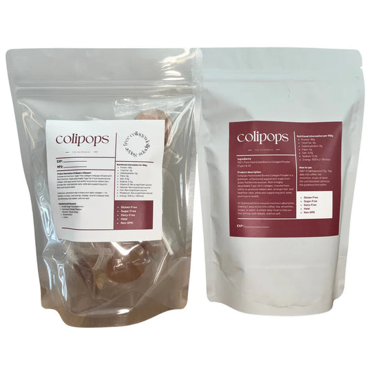 Two packages of colipops with labels on a white background