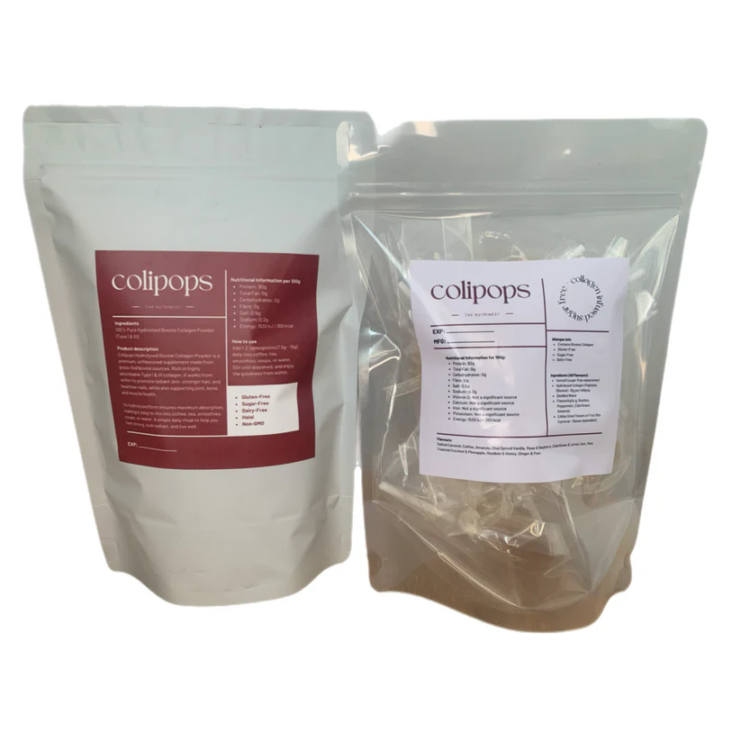Two packages of colipops with labels on a white background