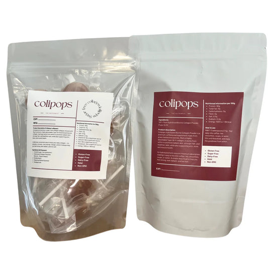 Two packages of colipops with labels on a white background