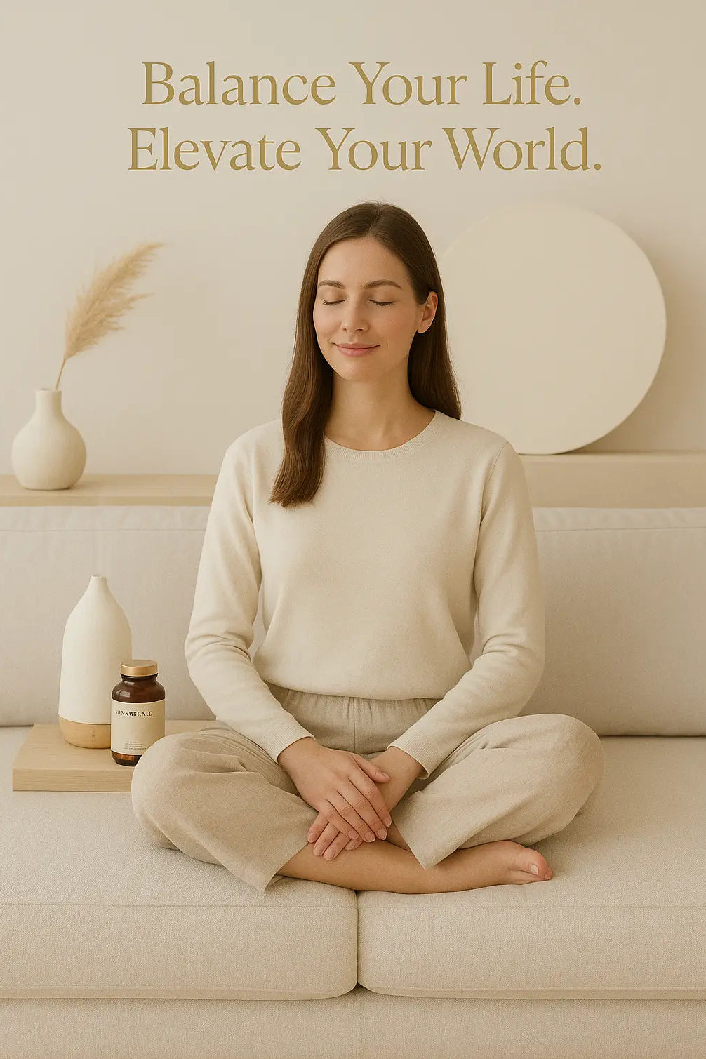 Woman meditating on a couch with decorative items and text 'Balance Your Life. Elevate Your World.'