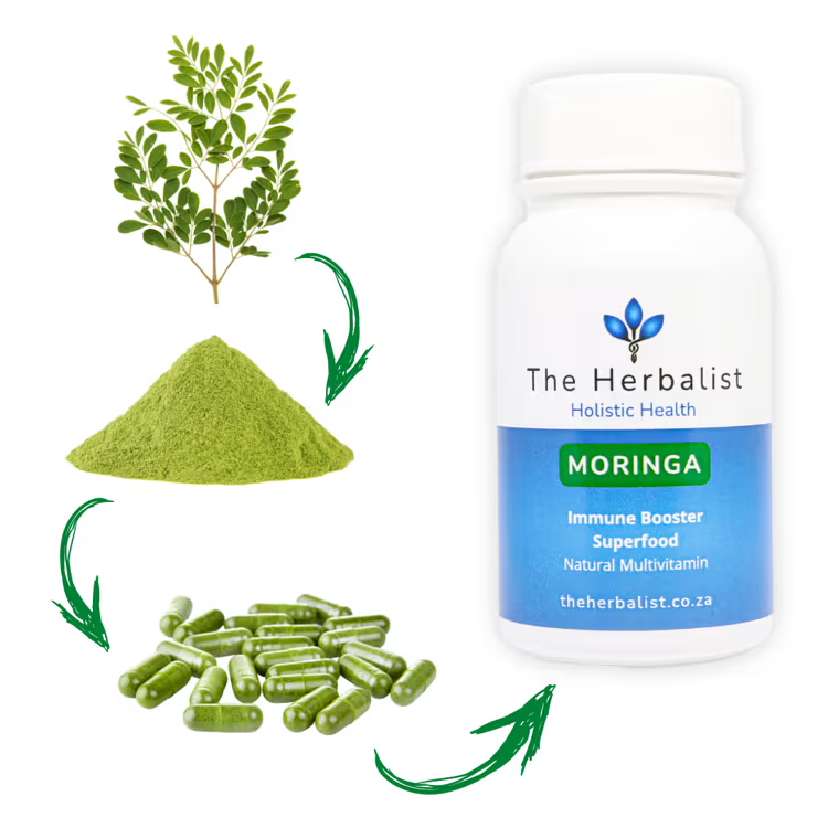 Bottle of Moringa capsules from 'The Herbalist' with Moringa leaves, powder, and capsules on a white background.