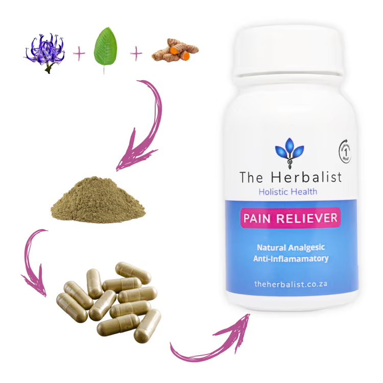 Bottle of 'The Herbalist' Pain Reliever with natural ingredients on a white background