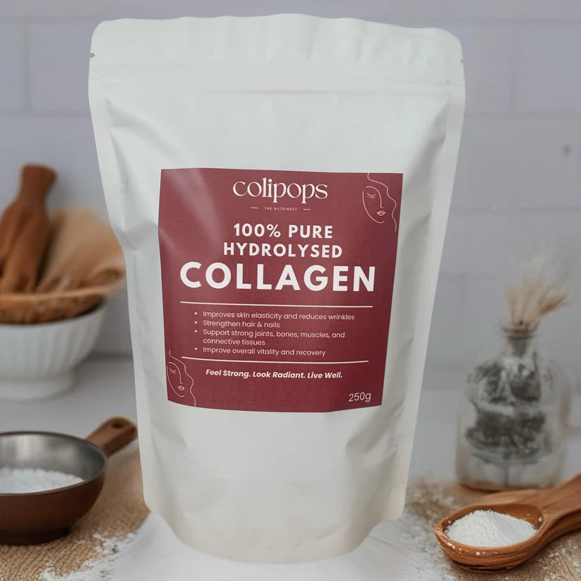 Bag of colipops 100% pure hydrolysed collagen on a kitchen counter.