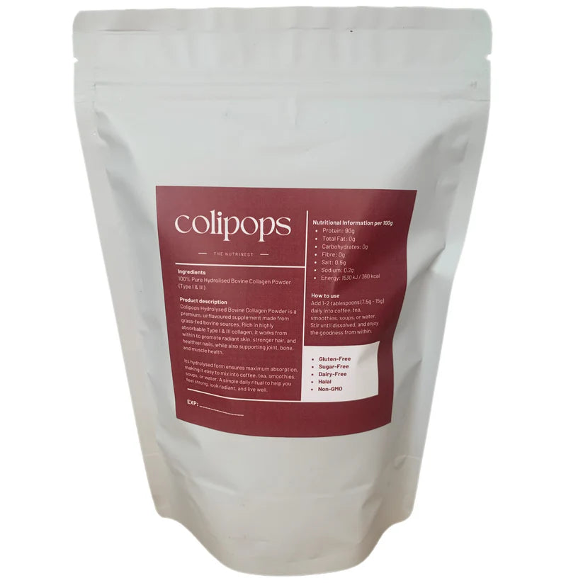 White packaging of colipops with a red label on a white background