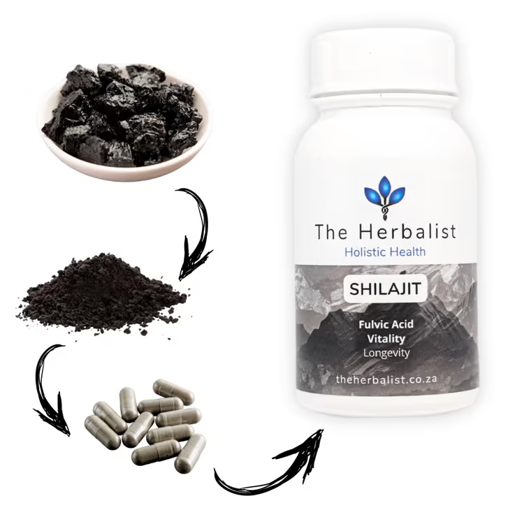Bottle of 'The Herbalist' Shilajit with different forms of Shilajit on a white background