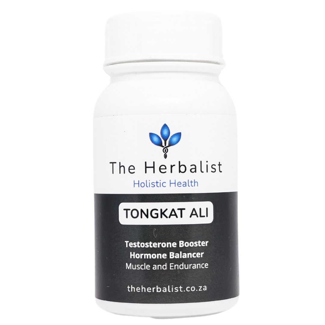 Bottle of Tongkat Ali supplement from The Herbalist on a white background