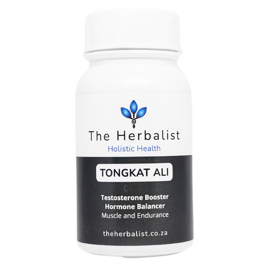 Bottle of Tongkat Ali supplement from The Herbalist on a white background