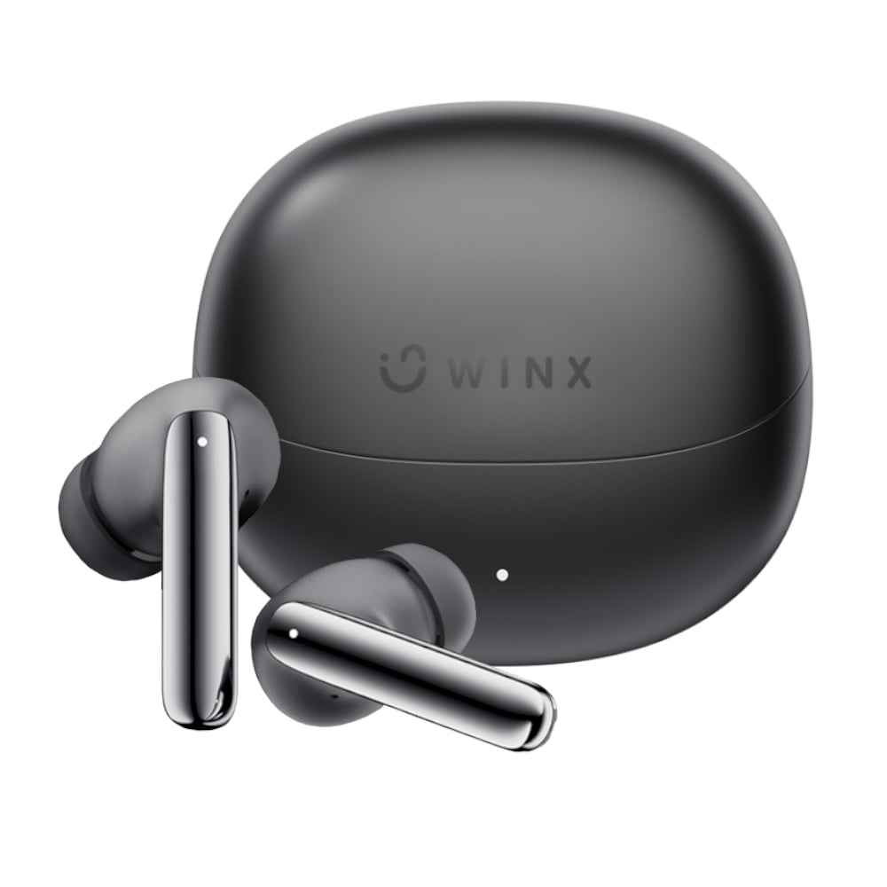 Black wireless earbuds with charging case on a white background, featuring the WINX brand.