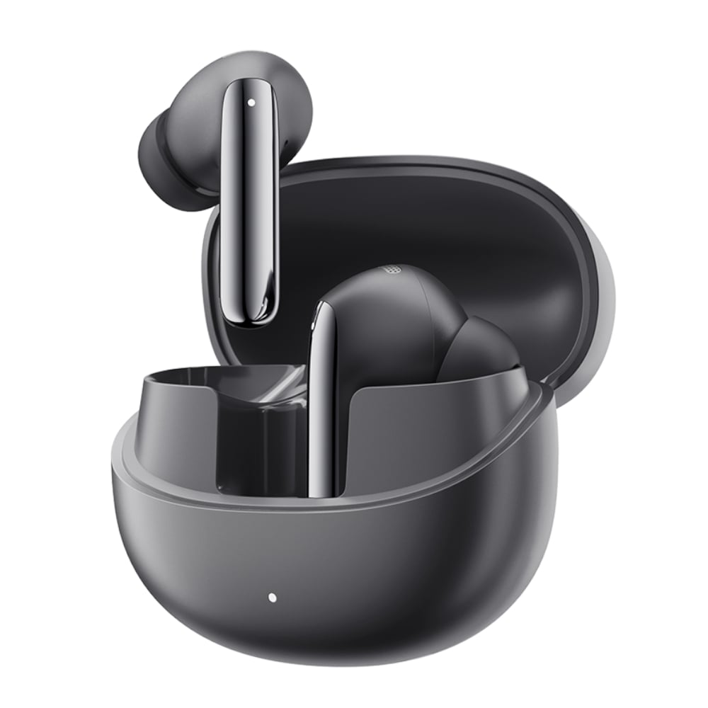 Black wireless earbuds with charging case on a white background