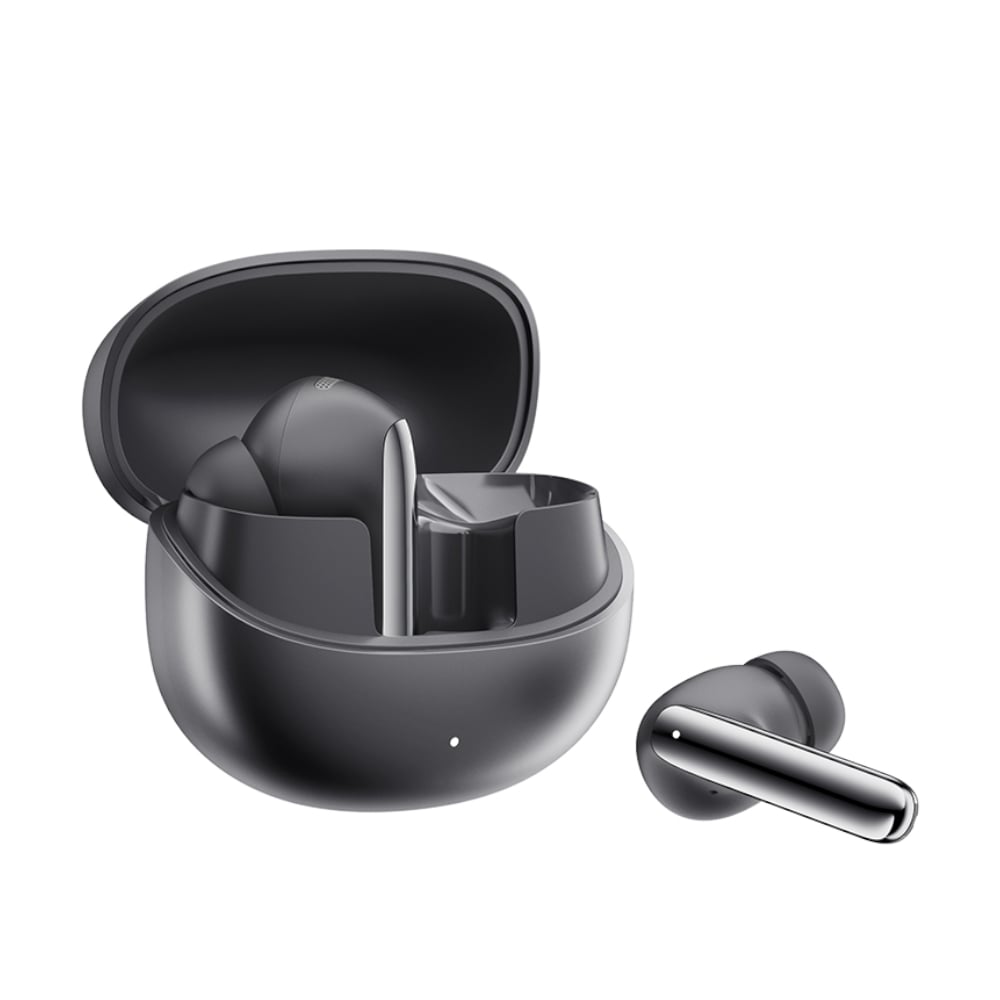 Black wireless earbuds with charging case on a white background