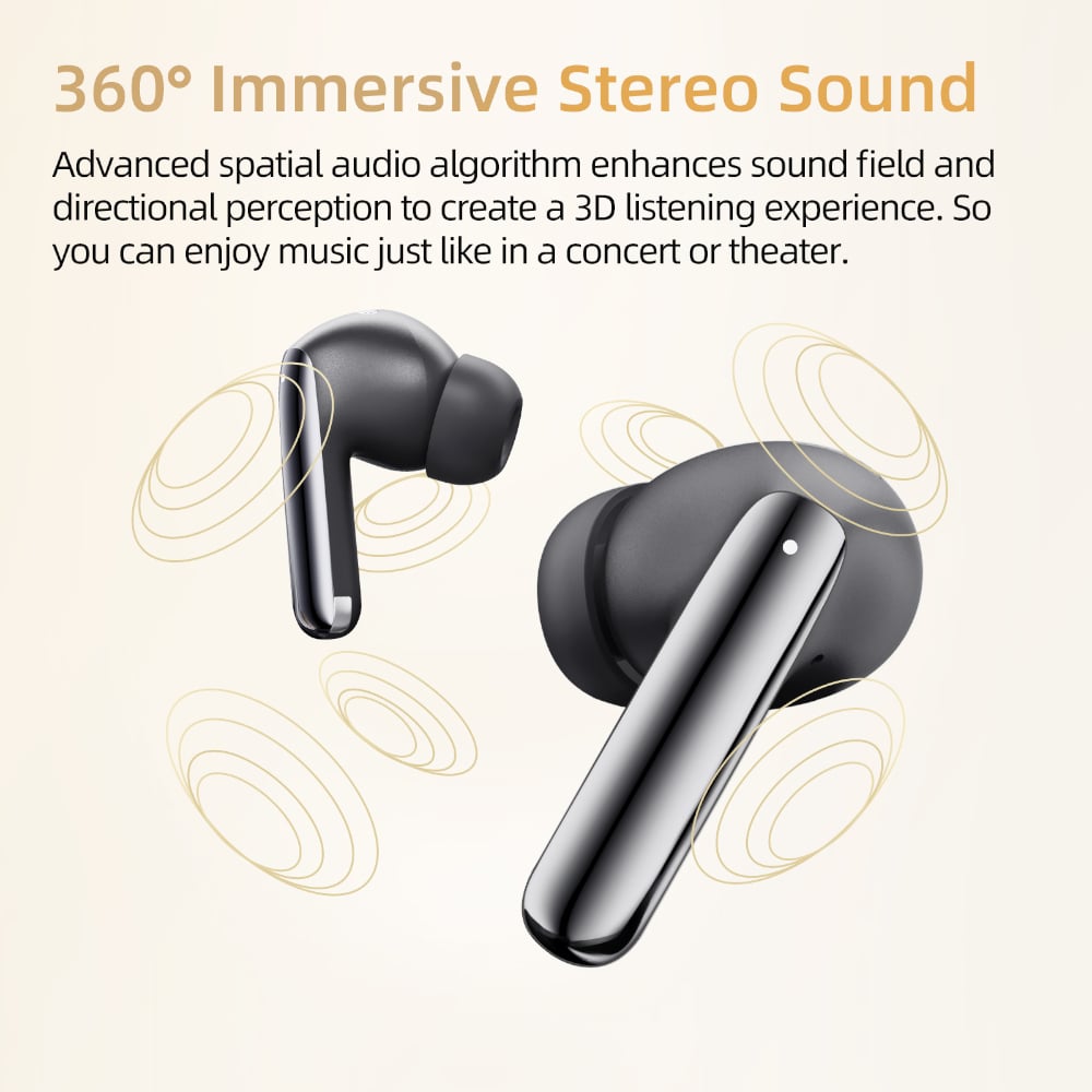 Black wireless earbuds with text about 360° immersive stereo sound on a light background