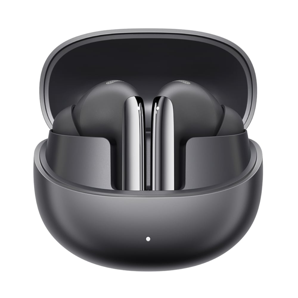 Black wireless earbuds in a charging case on a white background