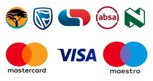 Logos of various financial institutions including Absa, Visa, Mastercard, and Maestro on a white background.