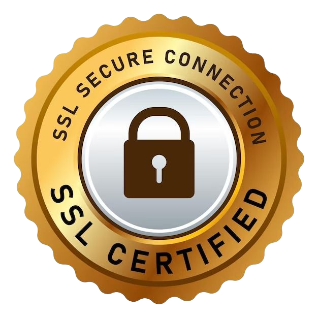 SSL Secure Connection certification badge with a gold border and lock icon.